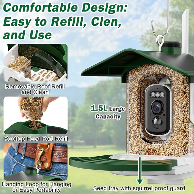 Jarkyfine Smart Bird Feeder with Camera Solar Powered - AI Bird Identification, 2.4Ghz WiFi, 2K HD Video Live Stream Camera, 3MP Photos, 2.9in Focus, Gifts for Mom Dad Birdlovers, Green
