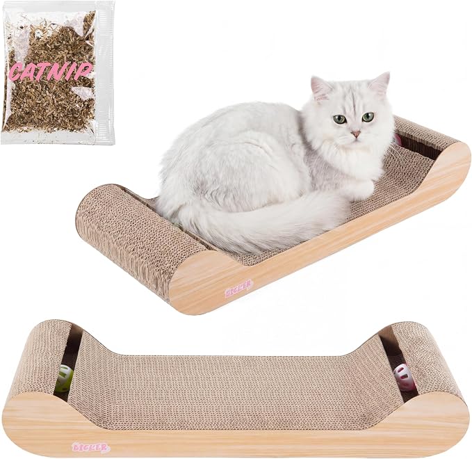 Rini 23.75" Modern Corrugated Cardboard Lounge Bed with Built-in Bell Toys and Catnip, Ergonomic Curved Sofa Scratcher for Indoor Cats, Oak Wood Finish, (Set of 2) CSR1003C-SET2