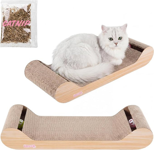 Rini 23.75" Modern Corrugated Cardboard Lounge Bed with Built-in Bell Toys and Catnip, Ergonomic Curved Sofa Scratcher for Indoor Cats, Oak Wood Finish, (Set of 2) CSR1003C-SET2