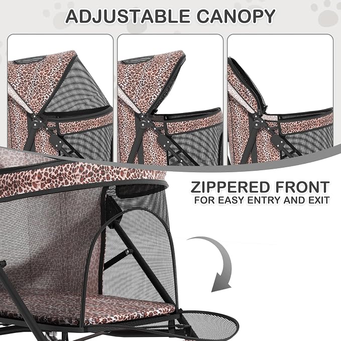 MoNiBloom 4 Wheels Pet Stroller, Easy-Fold Umbrella Shaped Dog Cat Jogger Stroller w/Storage Bag & Visible Mesh for Small/Medium Dogs Cats Leopard Print