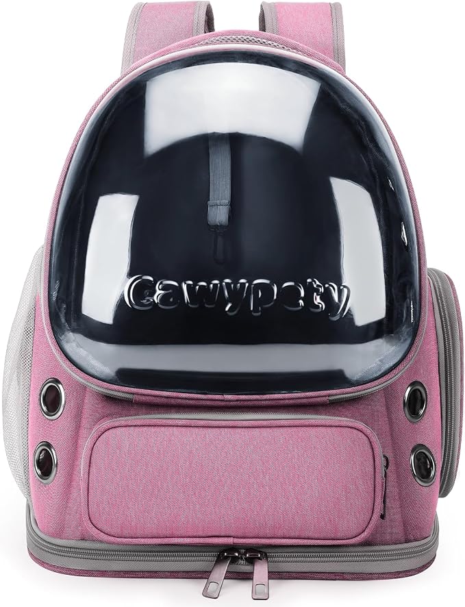 Cawypety Cat Backpack Carrier, Breathable Cat Carrier Large Space Bubble Pet Backpack for Kitty Small Dog up to 12lbs, Transparent & Foldable Pet Carrier for Travel Hiking（Pink）