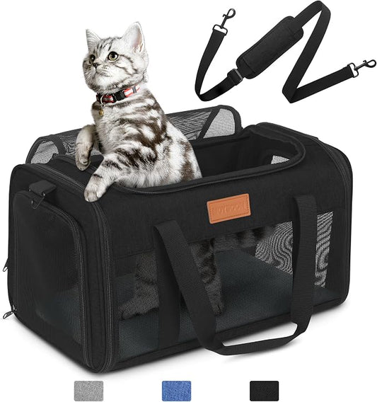 PETUX Airline Approved Pet Carrier for Small Cats up to 12 lb, Black | 17x11x9.5 in, Underseat, Top & Side Entry, Soft Sided Cat Carrier with Breathable Anti-Scratch Mesh for Travel & Vet