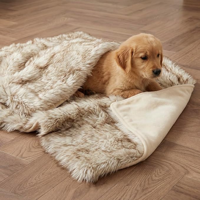 Waterproof Dog Blanket for Small, Medium & Large Dogs – Faux Fur Pet Throw for Couch, Sofa, Bed & Car – Soft, Washable, Stain-Resistant, Durable Cover – White w/Brown Tips – 40" x 30"