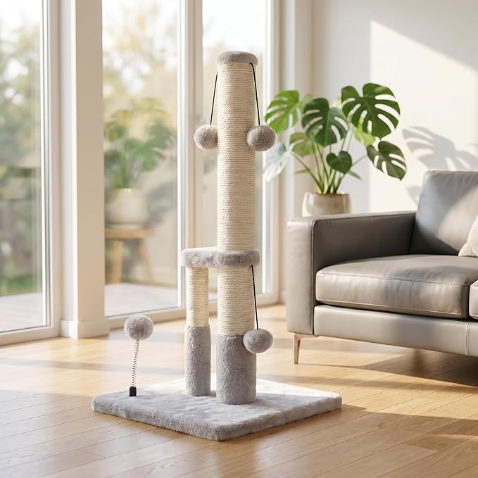Dimaka Tall Cat Scratching Post, Double Lower Posts Extra Stable Cat Post Tree Scratcher with Sisal Rope and Teasing 4 Balls Total Large Base (Grey)