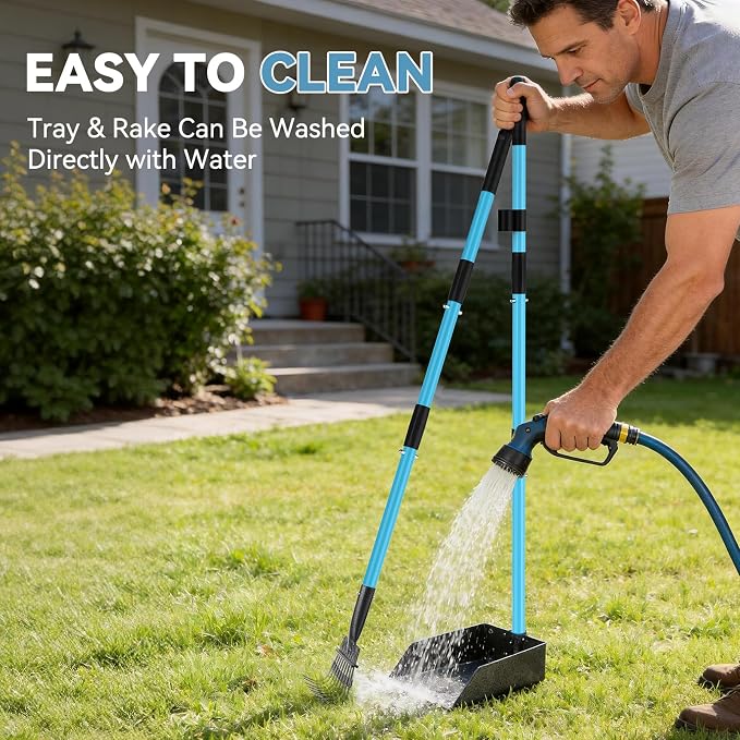 Dog Pooper Scooper, Pooper Scooper for Large Dogs Long Handle | Stainless Metal Tray and Rake, Poop Scoop Suitable for Large Dogs, Small Dogs, Suitable for Use on Grass, Dirt, Gravel (Blue)