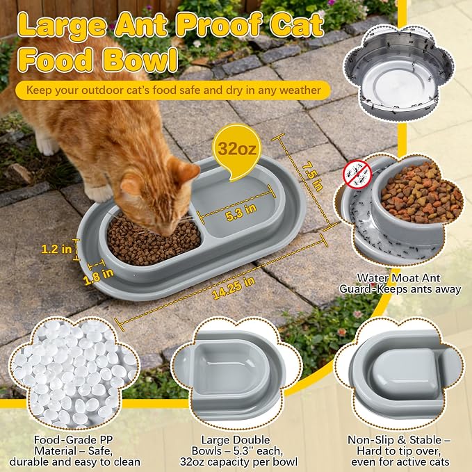 Weatherproof Outdoor Cat Feeding Station with 2 Bowls 32oz | Waterproof 3-layer Oxford fabric. Ant-proof bowls with moat. 17x16.5x12.6in. Tool-free assembly in minutes.