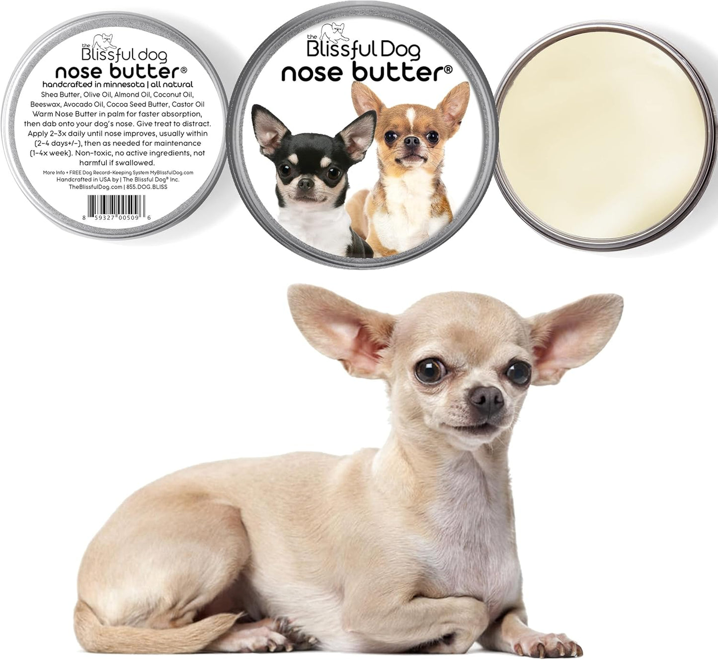 The Blissful Dog Smooth Coat Chihuahua Nose Butter for Dry, Cracked Skin, Lick-Safe Dog Nose Balm with Moisturizing Shea Butter, Almond, Olive, and Essential Oils, Pet Supplies, Uncented, 4 oz.