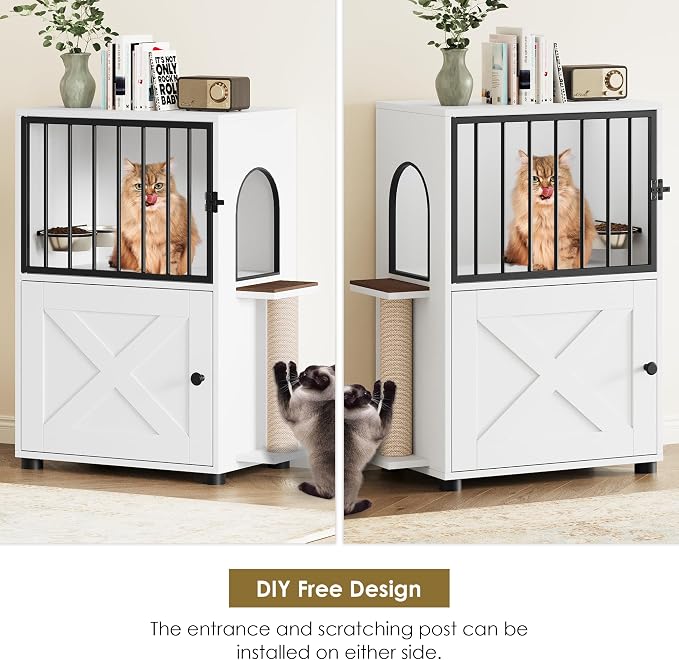 Dog Proof Cat Feeding Station, Dog Proof Cat Feeder, Cat Food Table, White | Cat Feeding Station with Scratching Post, Elevated Food Bowls with Stand, Cat Tree with Food Storage, Cat House
