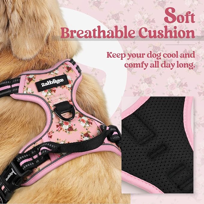 rabbitgoo Dog Harness, No Pull for Large Dogs with 2 Leash Clips, Pet Vest | No Choke with Handle, Adjustable Soft Padded, Reflective, Easy Control for Walking, Pink Rose, Large