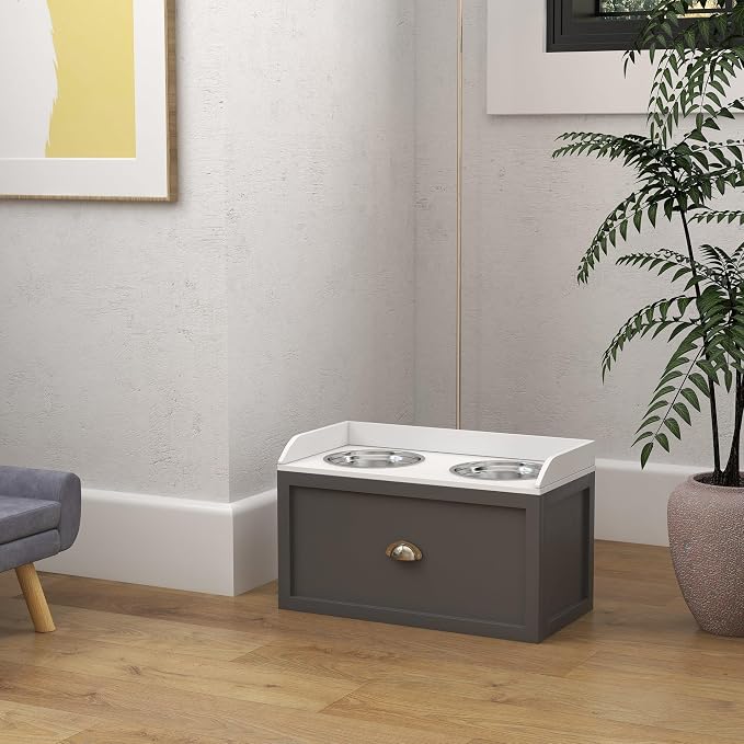 PawHut Feeding Station with Storage Drawer, Food Storage Cabinet with 2 Removable Elevated Bowls for Large Sized Dogs, Gray | 2 Removable Elevated Pet Bowls, for Large Sized Breeds