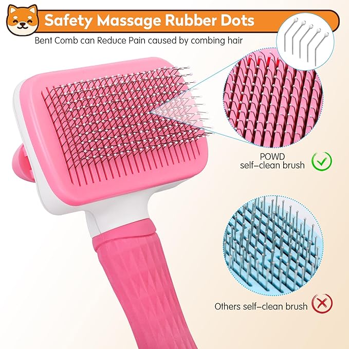 Dog & Cat Brush Kit 2PCS, Self Cleaning Slicker Brush for Pets, Upgraded Dog Brush for Shedding Massaging and Grooming, Removes Loose Undercoat & Portable Comb for Long Short Haired Dogs(Pink)