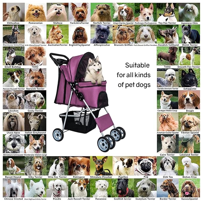 BestPet Pet Stroller Dog Cat Jogger Stroller for Medium Small Dogs Cats Folding Lightweight Travel Stroller with Cup Holder (Purple, 4 Wheels)