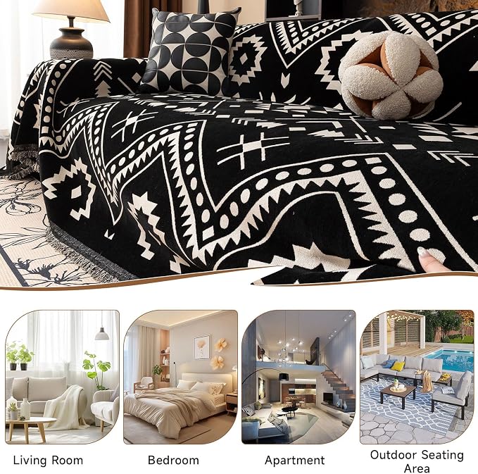 VClife Extra Large Couch Cover for Oversize Sofa Bohemian Sofa Slipcover, Aztec Geometric Chenille Sofa Cover Washable White Black Tribal Pattern Couch Protector Futon Cover 71" X 150"