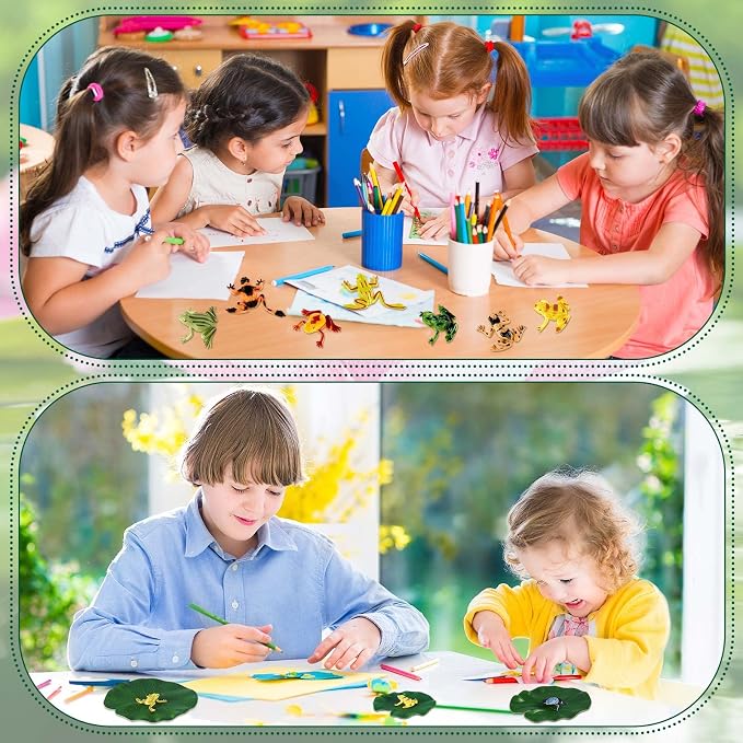 Hungdao 72 Pieces Mini Plastic Frog Toys and Artificial Lily Pads, Include Colorful Realistic Frogs Rainforest Animals Figures Character Toys and Floating Foam Leaves for Pool Decor Party Favor