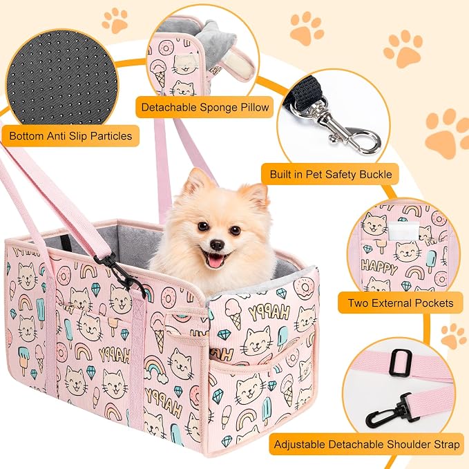 Console Dog Car Seat for Small Dogs, Foldable Booster Seat, Pink Kitten | Portable Booster Seat Sits On Car Console/ Armrest. Foldable for Easy Storage. for Center Console, Easy To Clean.