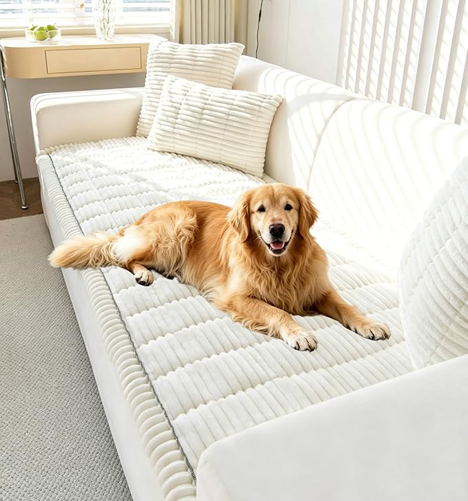 OTOB Couch Cover for Dogs Washable, Non Slip Plush Fuzzy Sofa Covers for 3 Cushion Couch Pet Friendly, Soft All Seasons Sofa Slipcover Cozy Furniture Protector (Cream, 31.5" x 82.7")