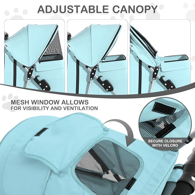 MoNiBloom 3 Wheels Pet Dog Cat Stroller for Small Medium Dogs Cats, Lightweight Foldable Jogger Stroller w/Storage Basket and Cup Holder, Mint Green