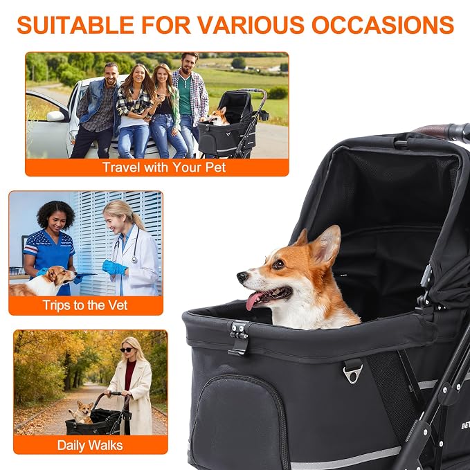 No-Zip Pet Stroller for Small Dogs & Cats, 44 lb, Black | No-Zip Canopy, 44 lb Capacity, Reflective Trim, 2 Tethers, Lockable Front Wheels, Rear Brake and One-Hand Fold