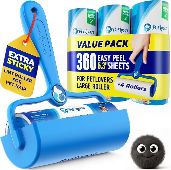 PetLovers 6.3" Large Lint Roller for Pet Hair Extra Sticky 360 Sheets, Ideal for Pet Hair Removal from Furniture & Clothes, Dog and Cat Lint Remover 4 Pack