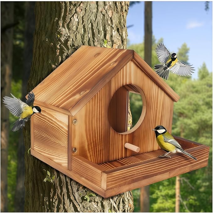 Bird Houses for Outside, Natural Wooden Birdhouse with Viewing Window & Drainage, Weather-Resistant, Tree/Wall Hanging Garden Decor, Gift for Bird Lovers