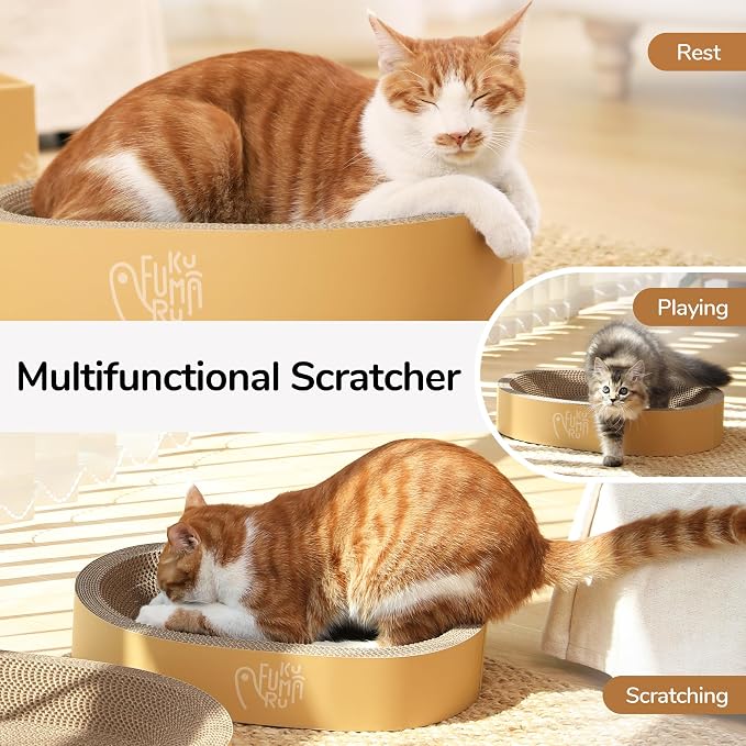 FUKUMARU 3PCS Cardboard Cat Scratcher Bed, Durable Oval Cat Scratch Pads | Round Cats Scratching Board Set, Large Scratcher Box for Indoor Cats, Kitten Scratcher Bowl, Couch Sofa Furniture Protector