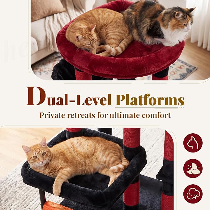 Hey-brother Cat Tree, 68.5 inch Cat Tower with L-Shaped Extended Base, Multi-Level Furniture with 2 Spacious Candos, 2 Platforms, 11 Scratching Posts, Hammock and Toy Ball,Black and Red MPJ086BR