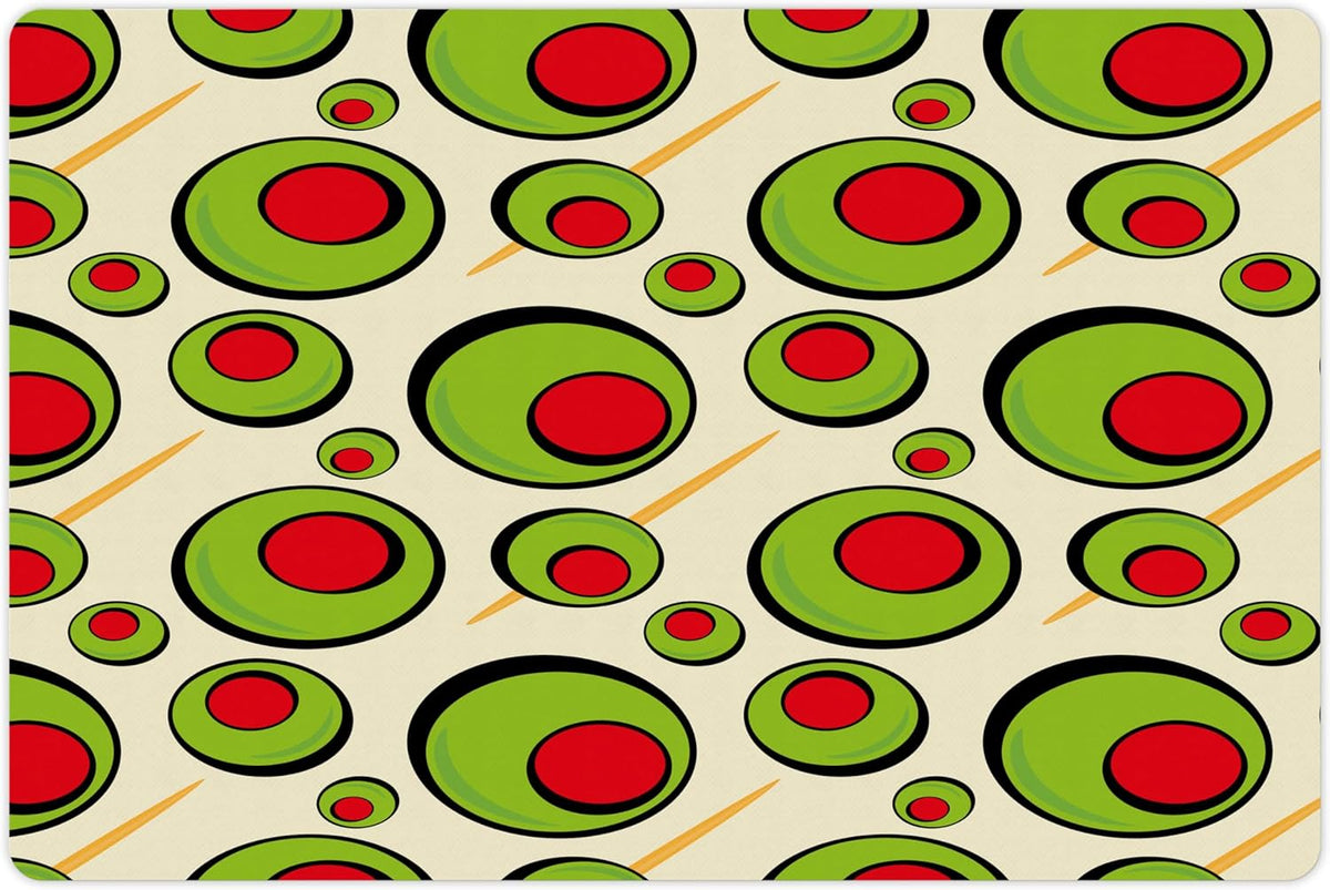 Lunarable Vintage Pet Mat for Food and Water, Repeated Pattern Olives with Toothpicks for Cocktail Martini, Non-Slip Rubber Mat for Dogs and Cats, 18" X 12", Cream Lime