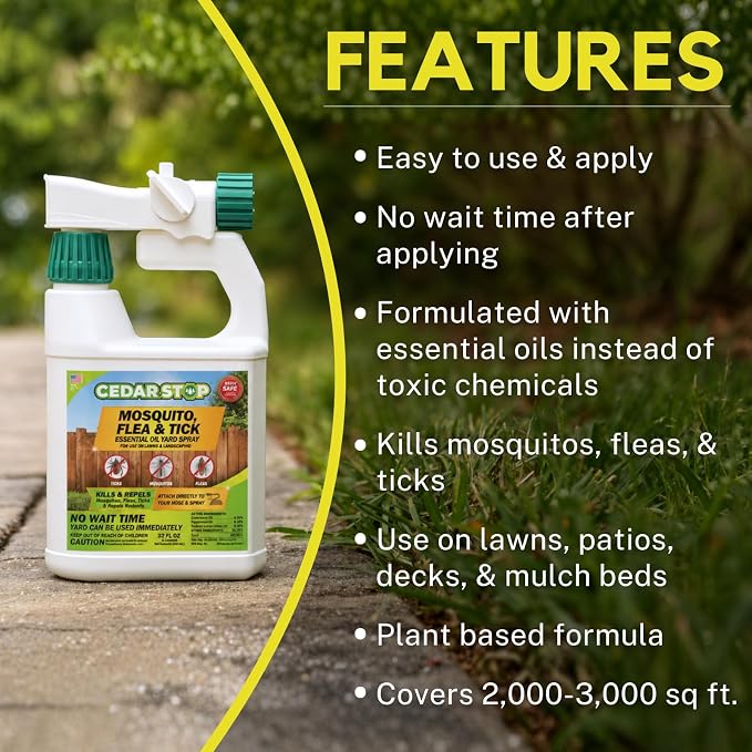 32 Ounce Essential Oil Yard Spray - Plant Based Flea, Tick and Mosquito Repellent Pest Control Spray Treatment and Insect Killer - Safe Around Kids, Pets, and Plants - 2 Pack