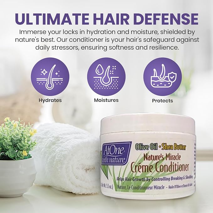 AtOne with Nature Miracle Cream Conditioner with Shea Butter & Olive Oil - Moisturizing Hair Conditioner, Controls Breakage & Shedding, Prevents Dryness, Ideal for Waves & All Hair Types, 5.5 oz