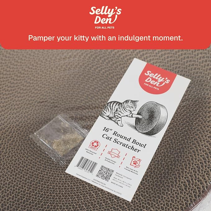 Selly's Den Bowl Shaped Round Cardboard Cat Scratcher with Catnip, for Lounging and Scratching, 16 inches