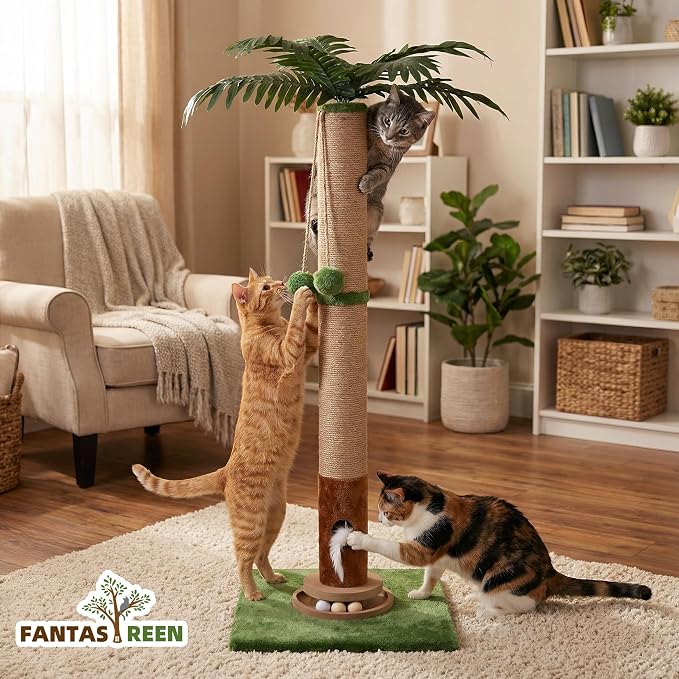 Fantasreen Cat Scratching Post 35'' Tall Cat Scratcher, Scratching Posts for Indoor Cats with Cat Toy Mouse, Interactive Wooden Track Ball for Kittens Adults Cats