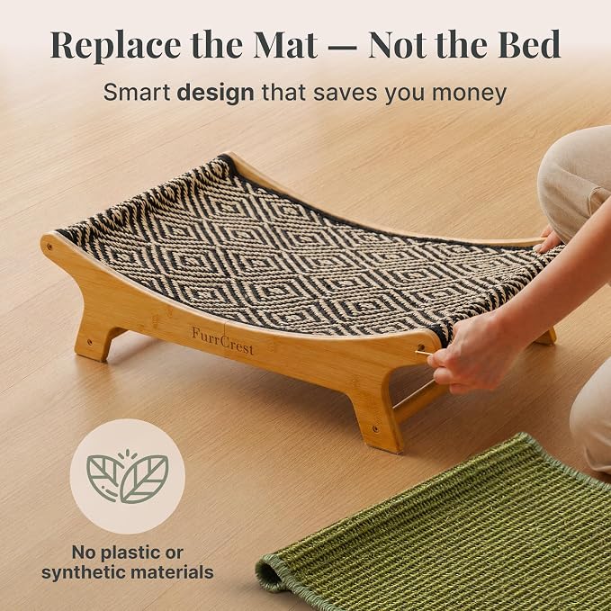 XL Sisal Cat Scratcher Bed with Elevated Hammock for Indoor Cats, Replaceable Natural Sisal Pad, Large Cat Lounge, Anti-Slip No-Wobble Bamboo Frame, Natural Grey