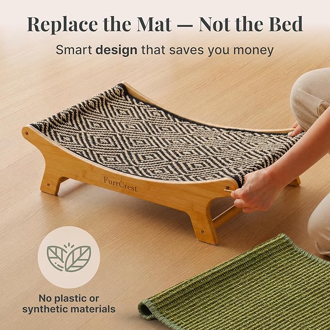 XL Sisal Cat Scratcher Bed with Elevated Hammock for Indoor Cats, Replaceable Natural Sisal Pad, Large Cat Lounge, Anti-Slip No-Wobble Bamboo Frame, Black & White Diamond.