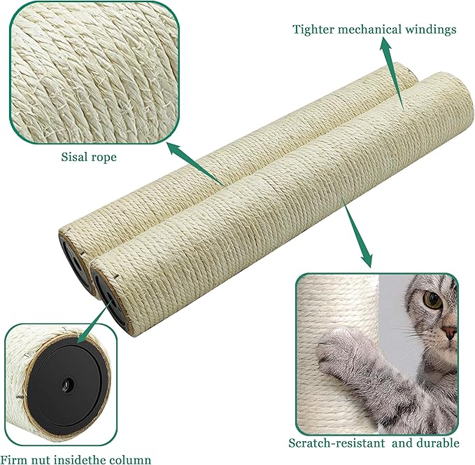 Cat Scratching Post Replacement Pole, 2 PCS 15.7in Cat Tree Replacement Post, Natural Sisal Cat Tree Replacement Parts with M8 Screws, Cat Scratch Post for Refurbishment (15.7in/40cm)