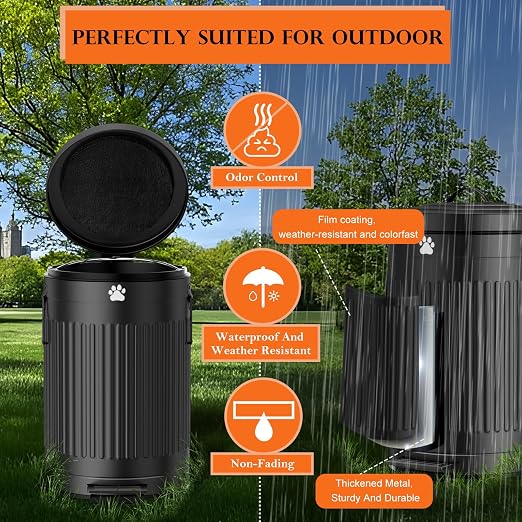 Dog Poop Trash Can Outside - 12L/3.1Gal Metal Outdoor Trash Can with Lid | Outdoor Dog Poop Trash Can with 40 Bags and Removable Inner Bin, Dog Waste Container with Lid Soft Close, Round Black