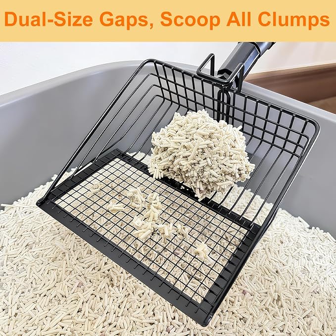 Metal Cat Litter Scoop with Extendable Long Handle, No Bending Back | Heavy Duty Stainless Steel Cat Pooper Scooper Large Durable Non-Stick Deep Shovel Kitty Litter Scoop Detachable Long Handle