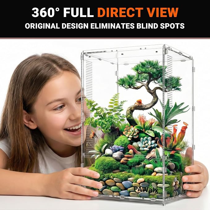 Jumping Spider Enclosure, Acrylic Terrarium with with Magnetic Doors, 0.8mm Micro-Ventilation, Stackable Escape-Proof Habitat for Jumping Spiders, Tarantulas & Small Reptiles, 7.9"x7.9"x13.4"