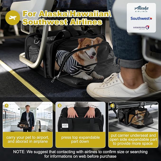 pidipiti 17x11x9.5 Alaska Hawaiian Southwest Airline Approved top and 1 Side Expandable pet Carrier for Extra-Small Dog/Small cat up to 5 lbs