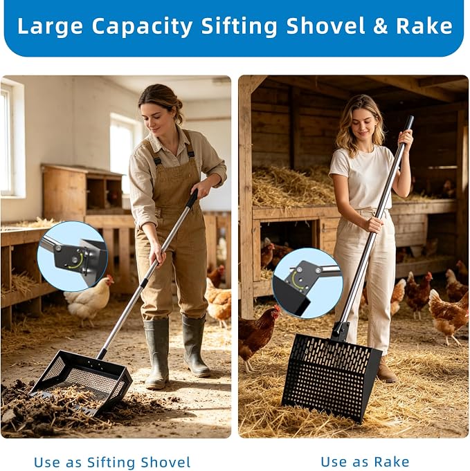 Goat Pooper Scooper & Manure Rake, Heavy Duty Metal Sifter Shovel with Adjustable Long Handle, Specially Designed for Goat Stall Cleaning, Farm Livestock Waste Pickup Tool with Gloves (40–71")