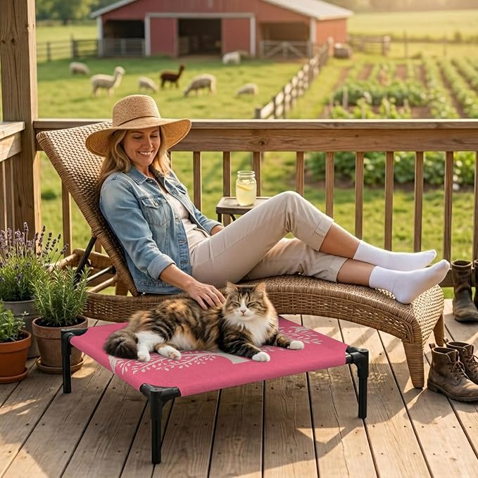 Outdoor Elevated Dog Bed for Small Dogs, Black Tree Breathable Cooling Raised Dog Cot for Indoor/Outdoor, Birds Vintage Farmhouse Pink Waterproof Elevated Pet Beds, S 20 x 20 in