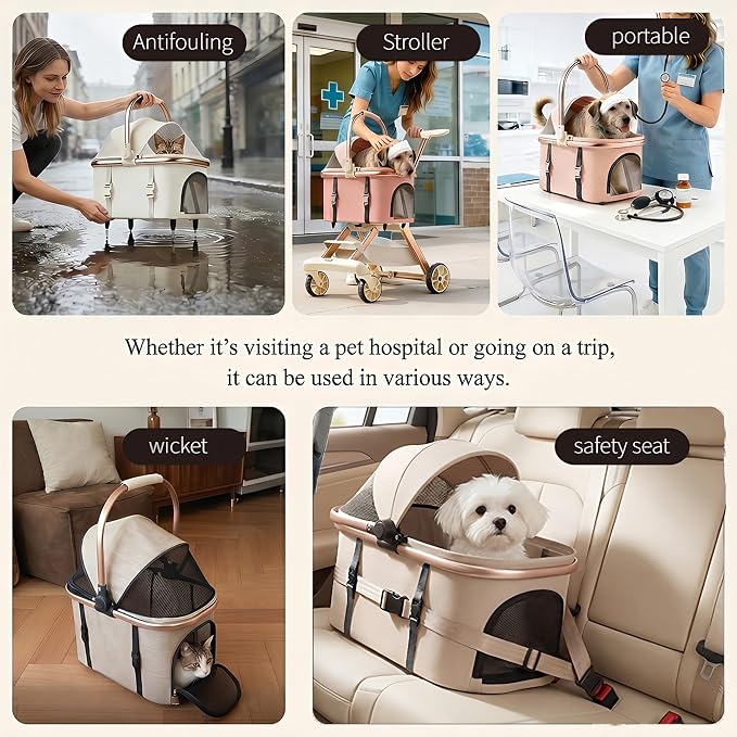 All-Terrain Pet Stroller for Small Medium Dogs & Cats, 20 lbs Capacity - Portable Carrier with One-Touch Brake, Lightweight Foldable Design & Shock Absorption Wheels,Beige