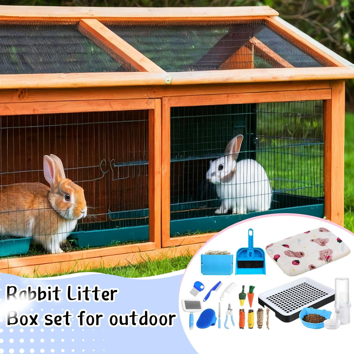 19 Pcs Rabbit Starter Kit Small Bunny Litter Box Rabbit Grooming Kit Water Bottle Bunny Toys Hay Feeder Bowl Blankets with Cleaning Set for Guinea Pig Accessories(Black,Cloud)