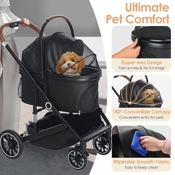 TODEFULL Pet Stroller with 4 Wheels, 3 IN 1 Folding Puppy Strollers for Small/Medium Dogs Cats up to 50lbs, Lightweight Pet Travel Carrier with Detachable Cushion, Storage Basket and Cup Holder, Black