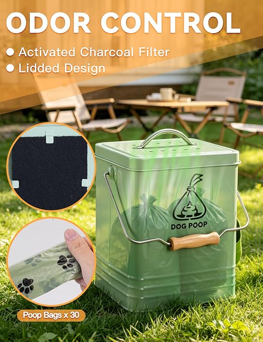 Dog Poop Trash Can Outside, Metal Pet Waste Trash Can with Lid & Handle, 5L/1.3Gal Dog Waste Station with Bag Holder & 30 Bags(Green)