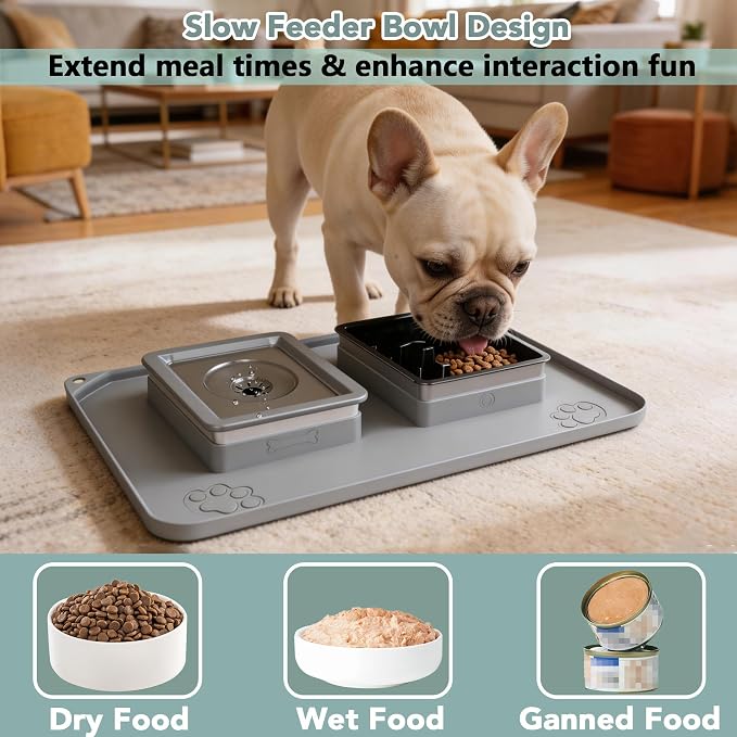 Dog Bowl Set, No Spill Dog Water and Food Bowl with Slow Feeder | Large Capacity 304 Stainless Steel Bowls, 3-In-1 Set, Slow Drinking, Anti-Slip Mat, Easy to Clean, Home/Travel, 6-7 Cups