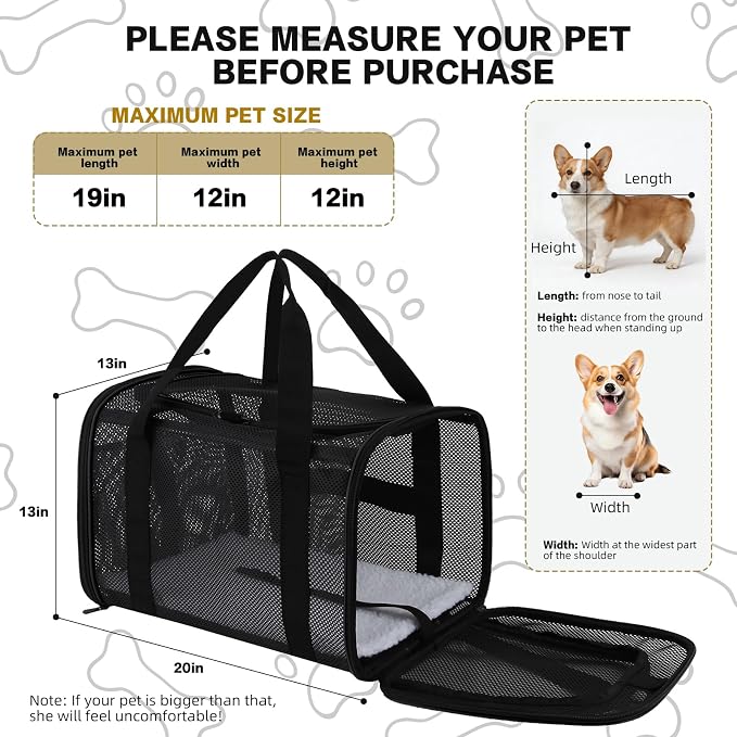 Cat Carrier, Soft-Sided Pet Carrier Bag, Breathable Mesh, Black (Black, 20 * 13 * 13)