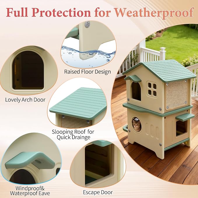Insulated Cat House Outdoor Plastic Cats Shelter Outside with Cat Bowls | Weatherproof, Durable Plastic, with Elevated Cat Bowls, Cat Scratch Pad , Escape Door, 2-Story, Waterproof ,for Multiple Cats