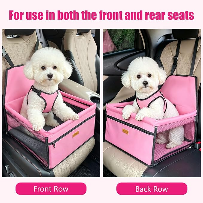 Pet Dog Booster Seat, Upgrading the Framed wall to Prevent Collapse，Breathable and Foldable Pet Car Basket，Removable andWashable pet car seat (Pink)