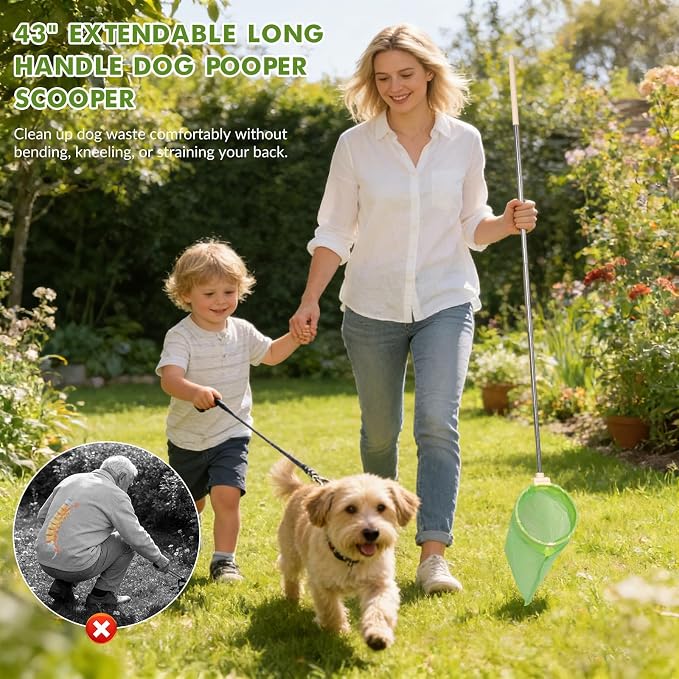 Dog Pooper Scooper, 43" Extendable Pooper Scooper Long Handle with 120 Bags | Portable Poop Scoop for Small Medium Large Dogs, No Touch, Stainless Steel, Lightweight, Foldable, Suit Yard, Park,Wild,City