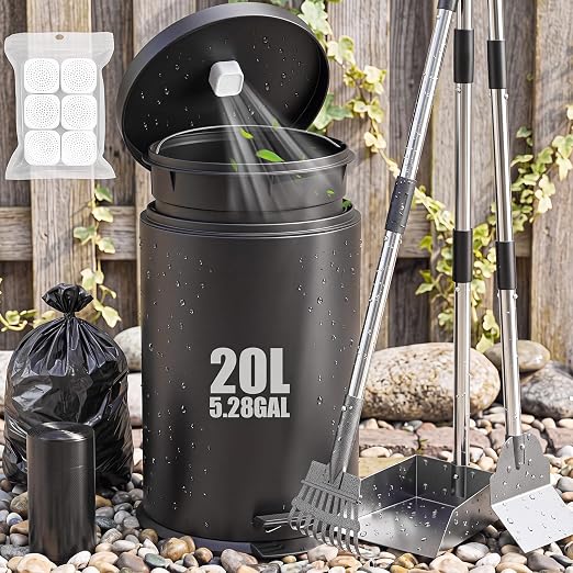 Lounsweer Dog Poop Trash Can Outside, 20L/5.3 Gallon Stainless Steel Dog Waste Can with Foot Pedal, Removable Inner Bucket, 3-Piece Pooper Scooper Set, 6 Activated Carbon Filters & 50 Waste Bags